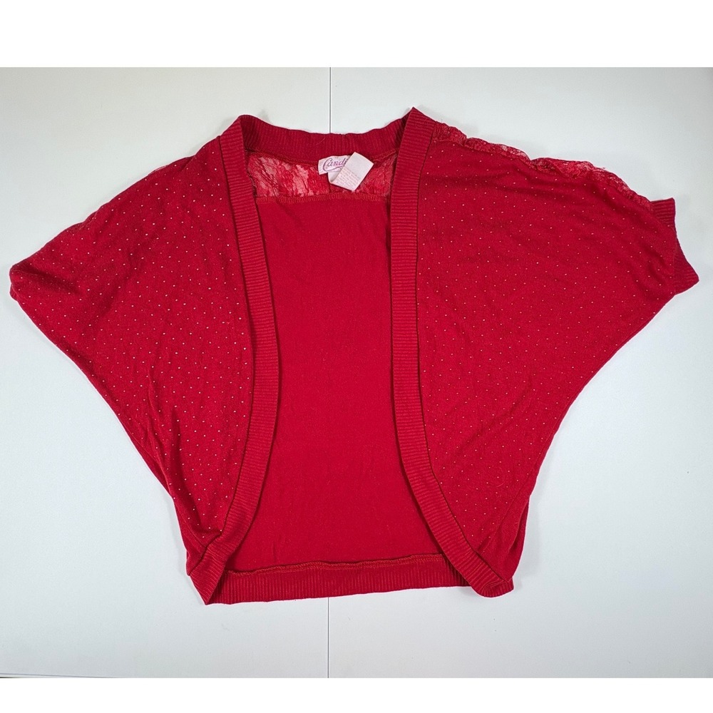 Y2K Candie's Girl‎ Red Glitter Lace Trim Shrug Bolero Top Size L